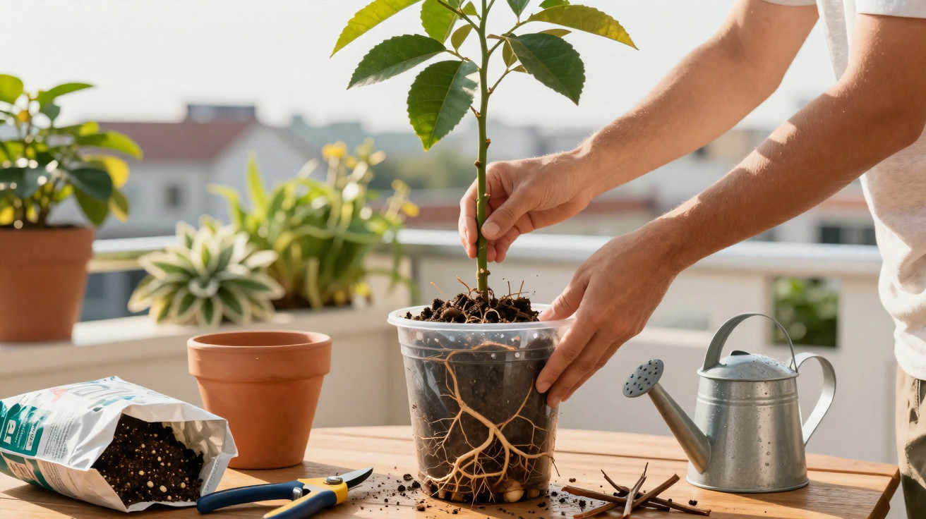 Pessoa transplantando muda de planta em vaso transparente num terraço ensolarado, com regador e ferramentas ao redor.