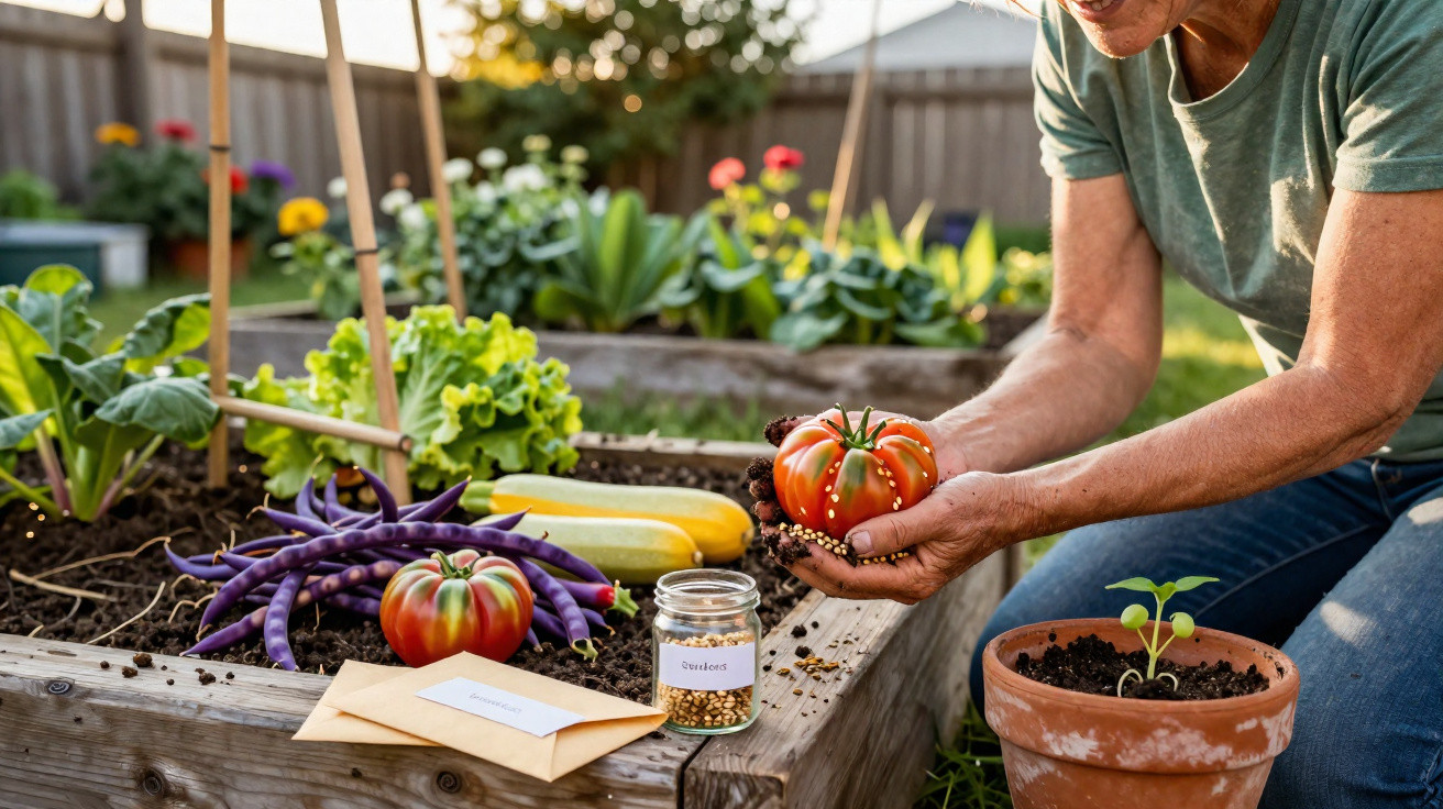 Pessoa colhendo tomate orgânico em horta urbana com legumes frescos, sementes e planta em vaso.