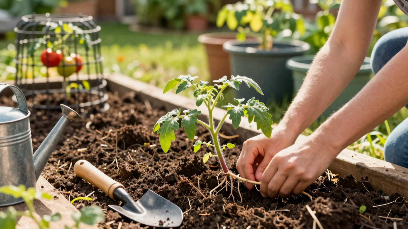 Pessoa plantando muda de tomate em canteiro com regador e pá ao lado em jardim ensolarado.