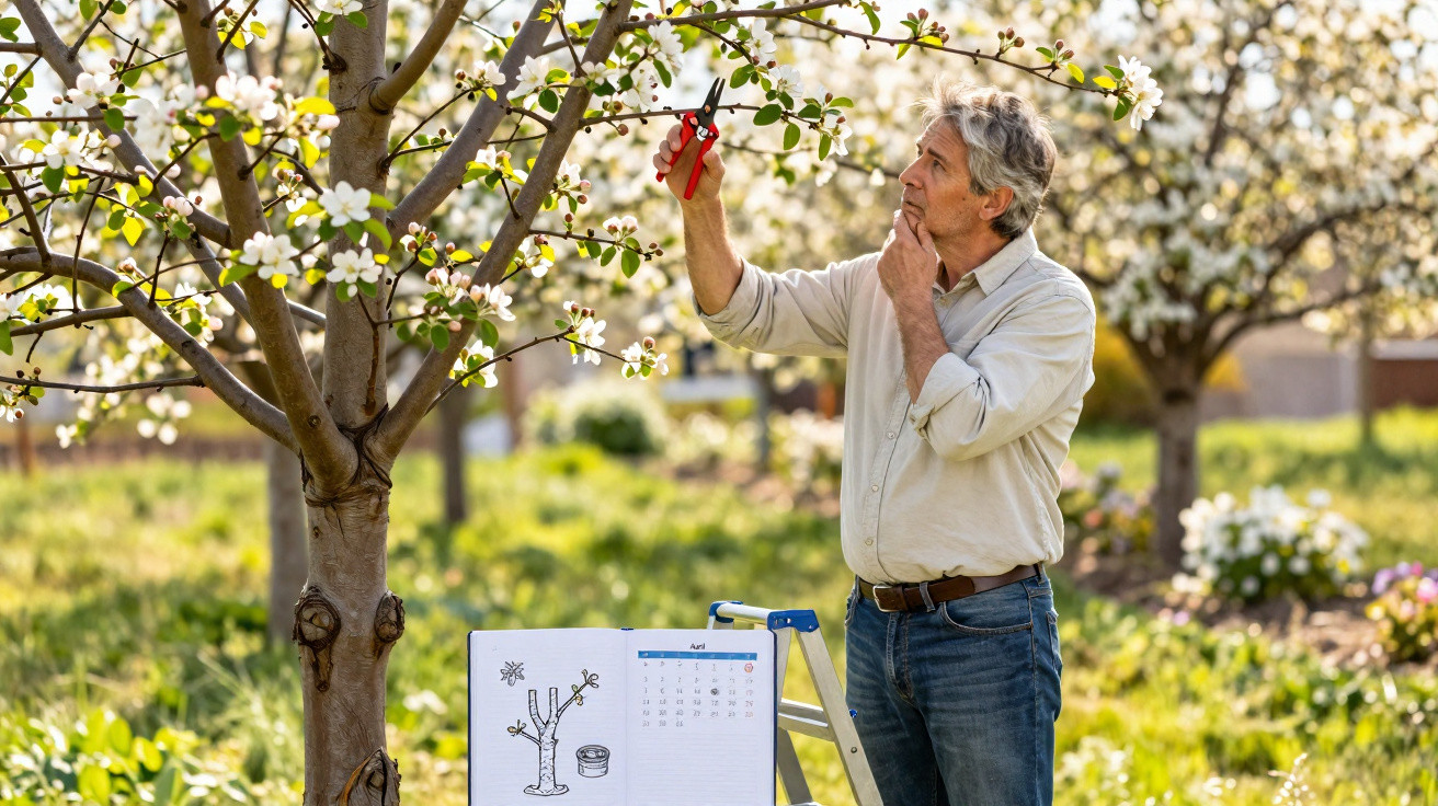 Homem observando flores de árvore enquanto segura podador em pomar florido na primavera.