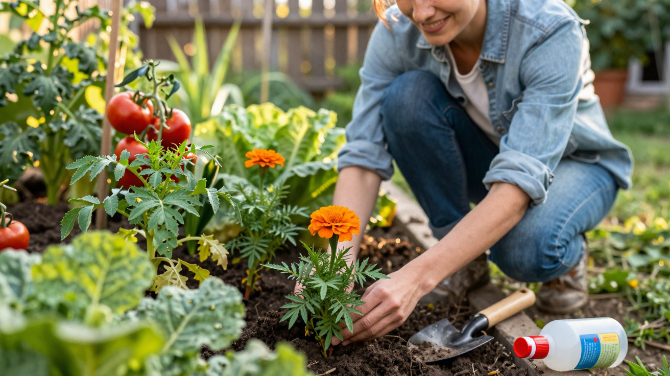 Mulher plantando flor em jardim com tomates e folhas verdes, sorrindo e cuidando das plantas.
