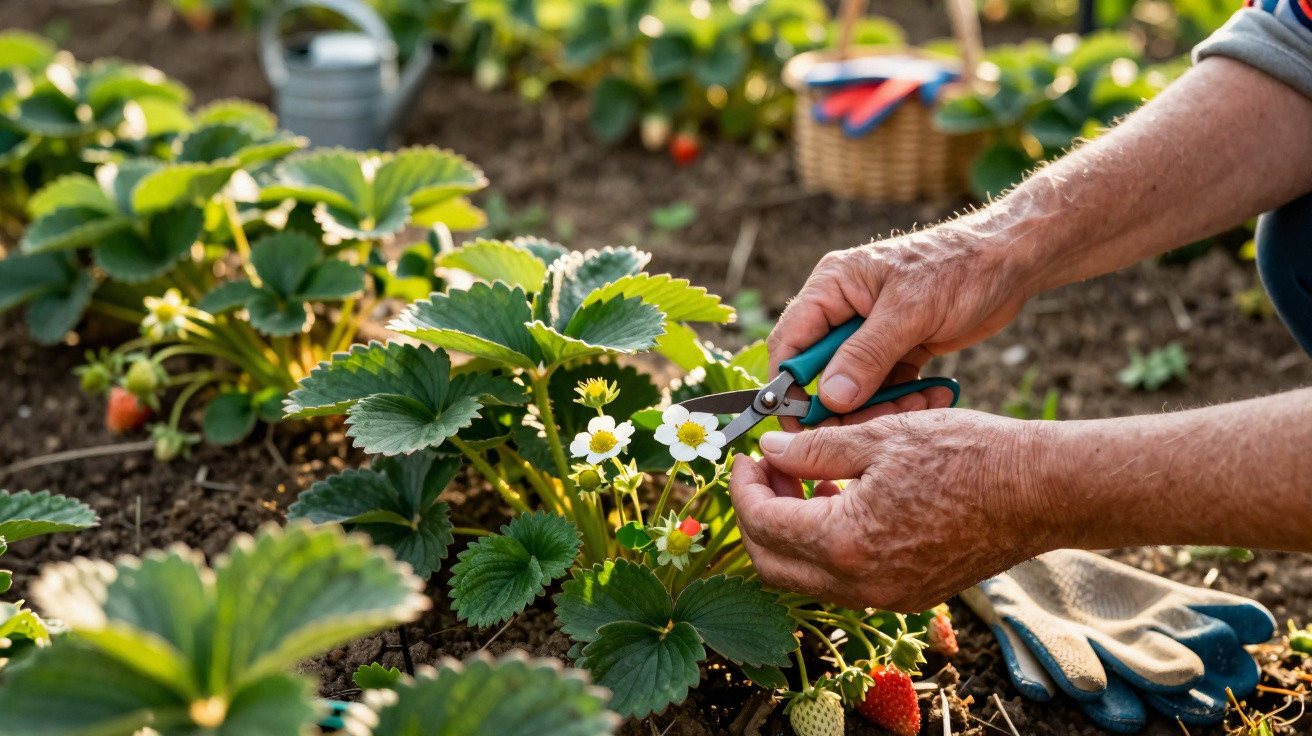 Mãos podando flores em plantações de morango, com regador e cesta desfocados ao fundo.