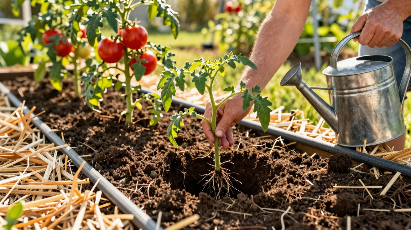 Pessoa plantando muda de tomate e regando com regador metálico em horta com solo preparado.