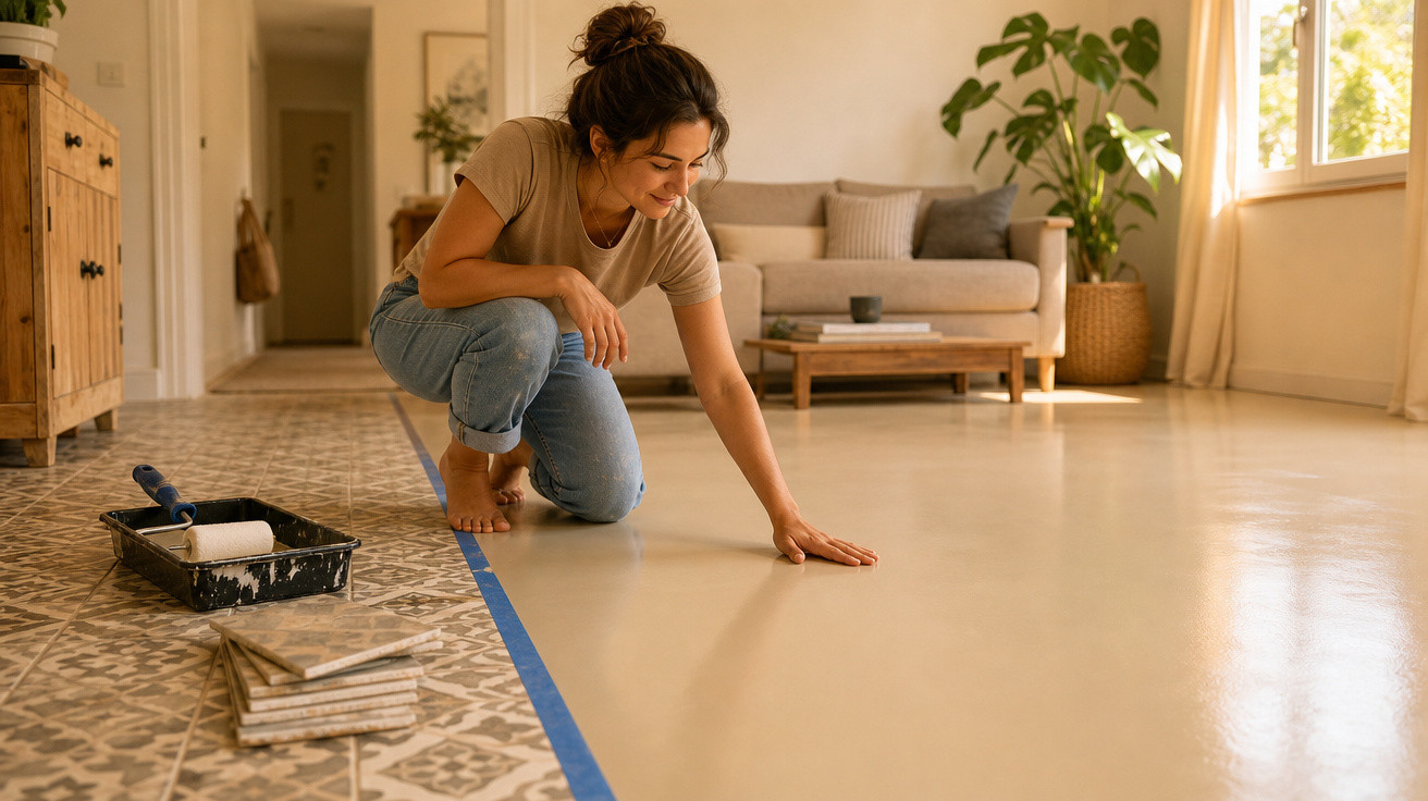 Mulher sorridente aplicando tinta no chão de sala, delimitado por fita azul, próxima a sofá e planta.