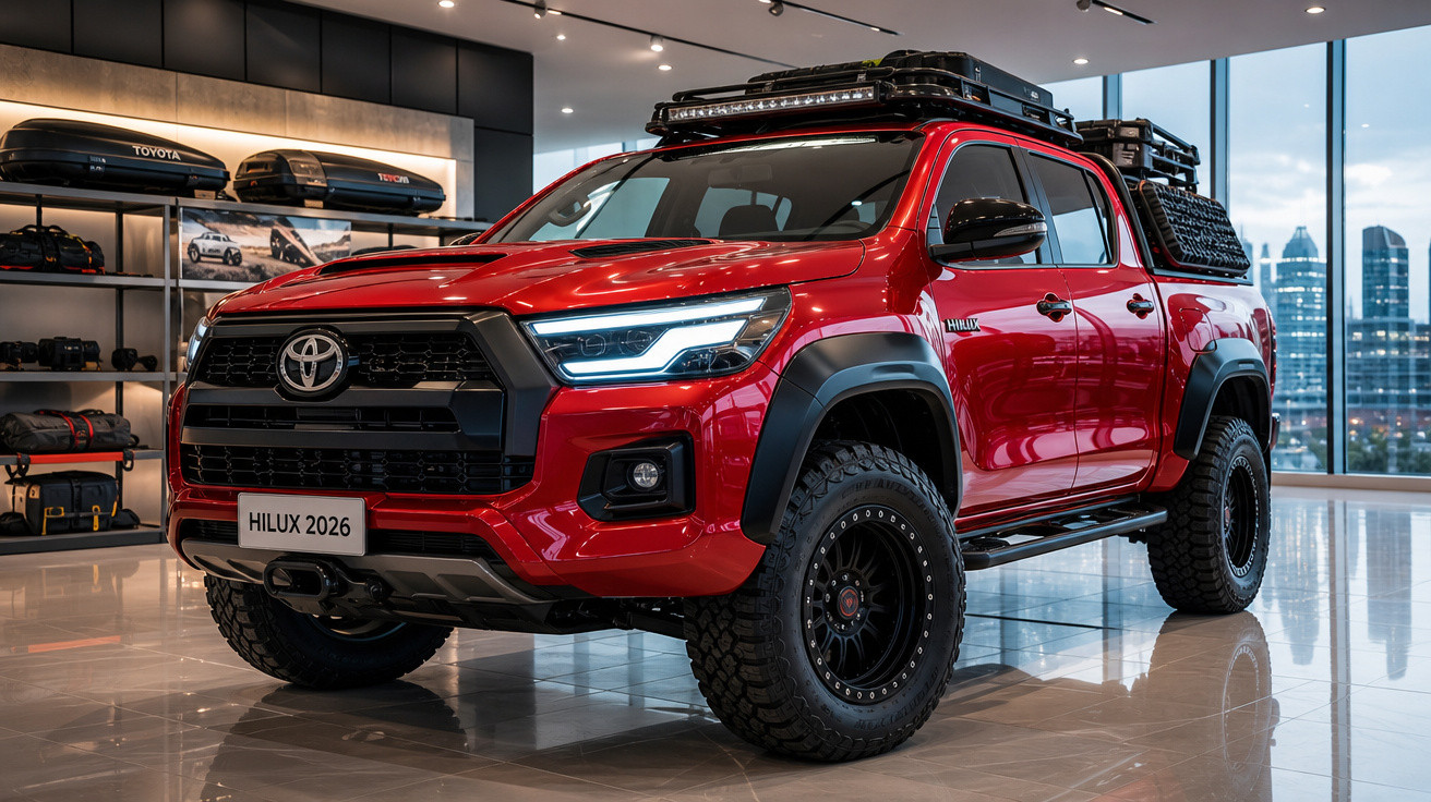 Picape Toyota Hilux 2026 vermelha equipada para aventura em showroom moderno e iluminado.