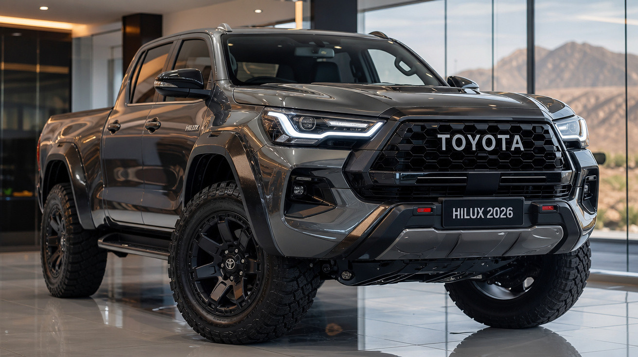Picape Toyota Hilux 2026 cinza exibida em showroom com rodas pretas e design robusto.