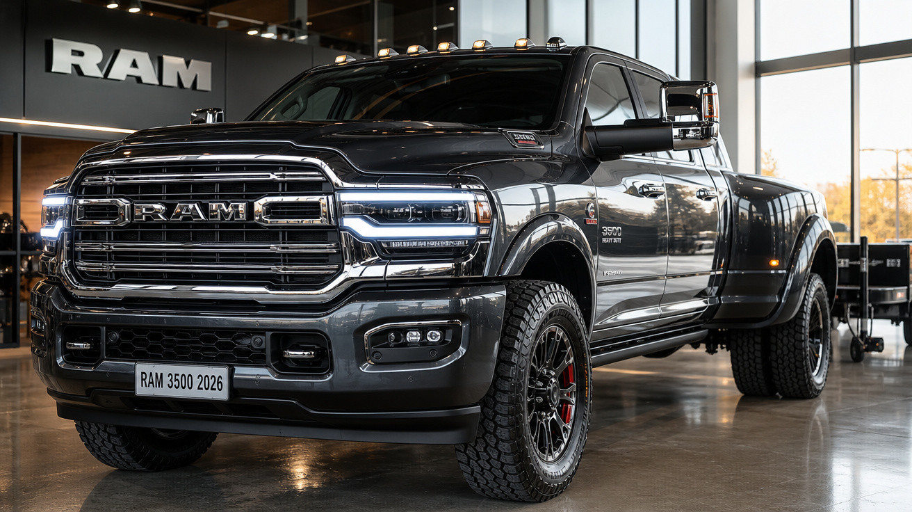 Picape RAM 3500 2026 preta exibida em showroom moderno com iluminação natural.