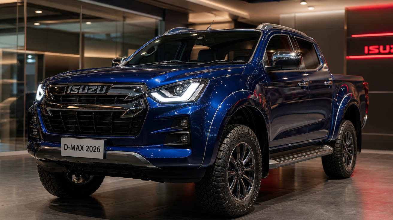 Picape Isuzu D-Max 2026 azul exibida em showroom moderno com iluminação interna quente.