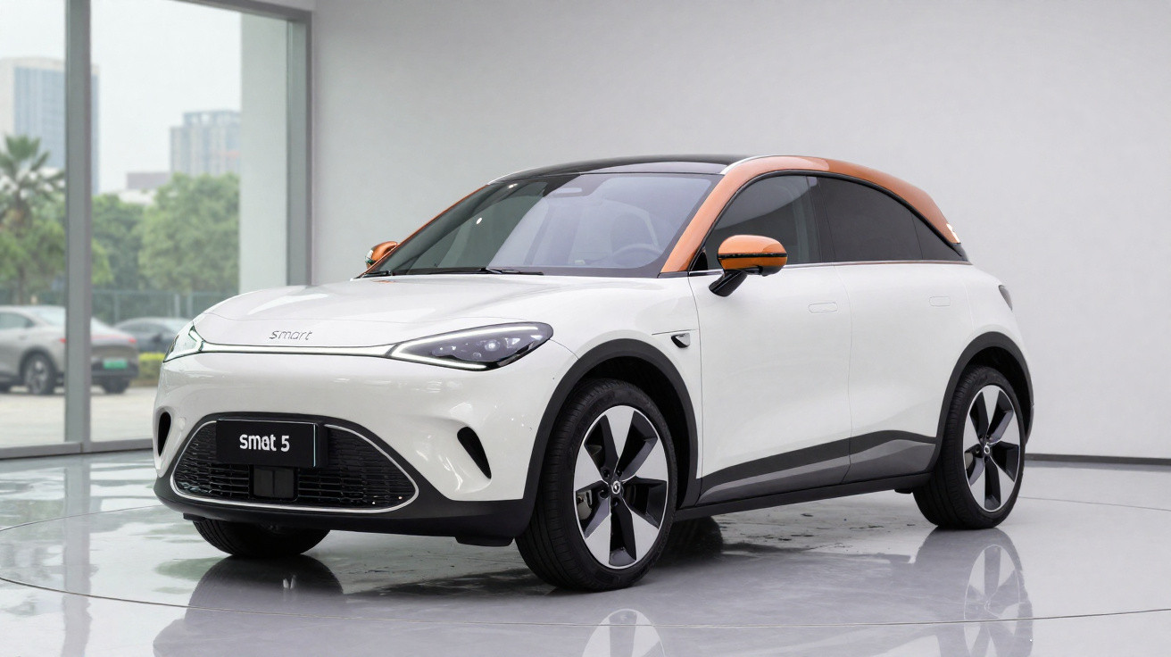 Carro elétrico Smart 5 branco com detalhes laranja, exibido em ambiente interno moderno.