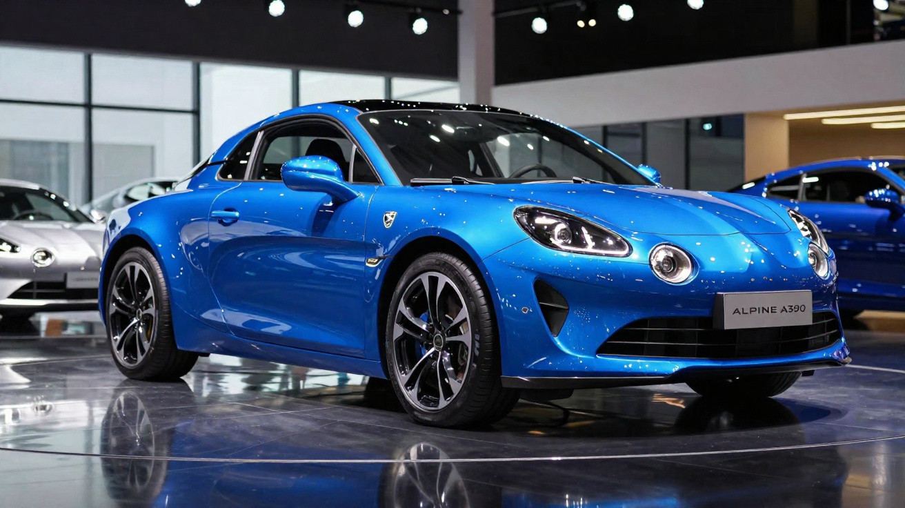 Carro esportivo azul Alpine A390 exposto em ambiente interno com piso refletivo.