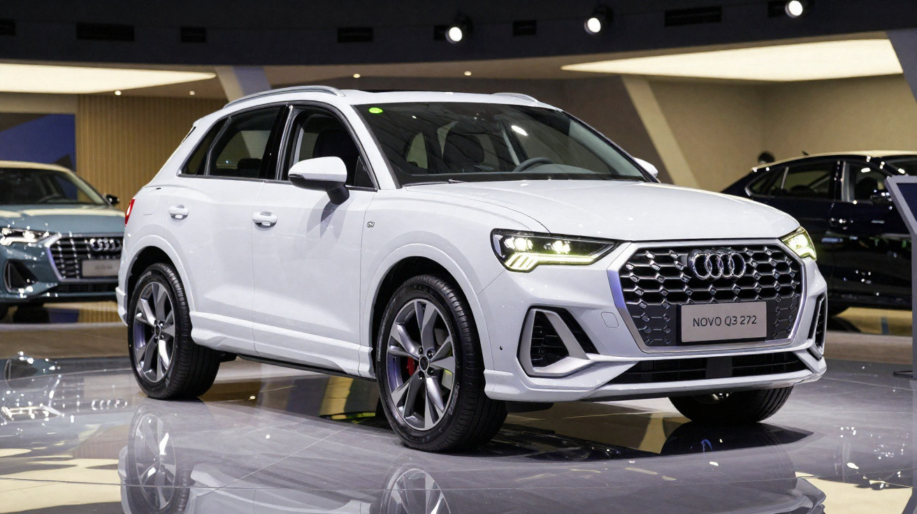 SUV branco Audi Q3 272 exibido em ambiente de showroom com iluminação moderna.