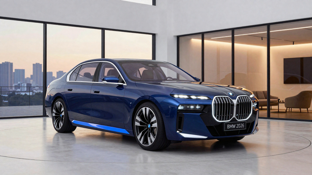 Carro sedan BMW azul 2026 exibido em ambiente interno moderno com janelas amplas e vista para a cidade.