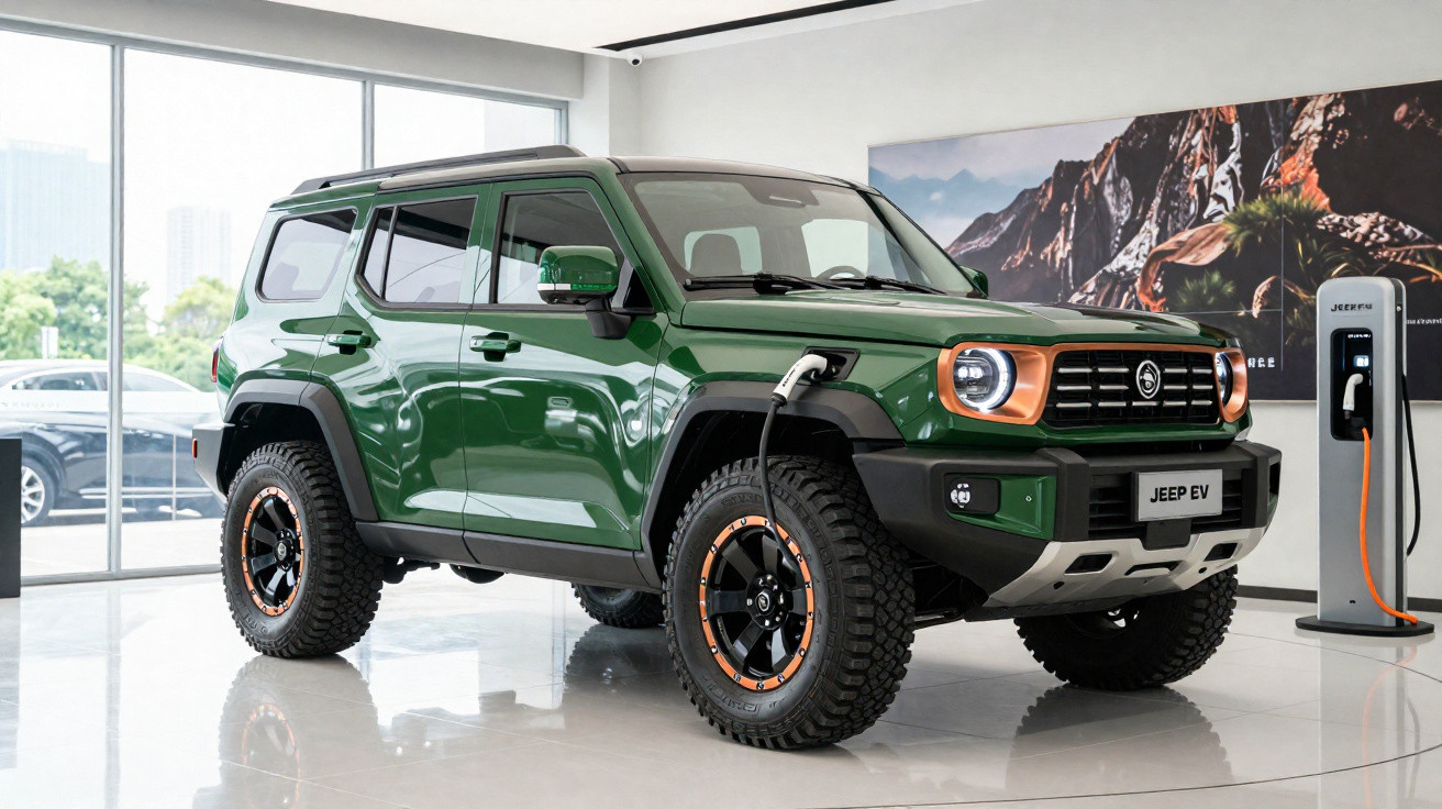 Jeep EV verde estacionado em showroom conectado a estação de recarga elétrica, visual robusto e moderno.