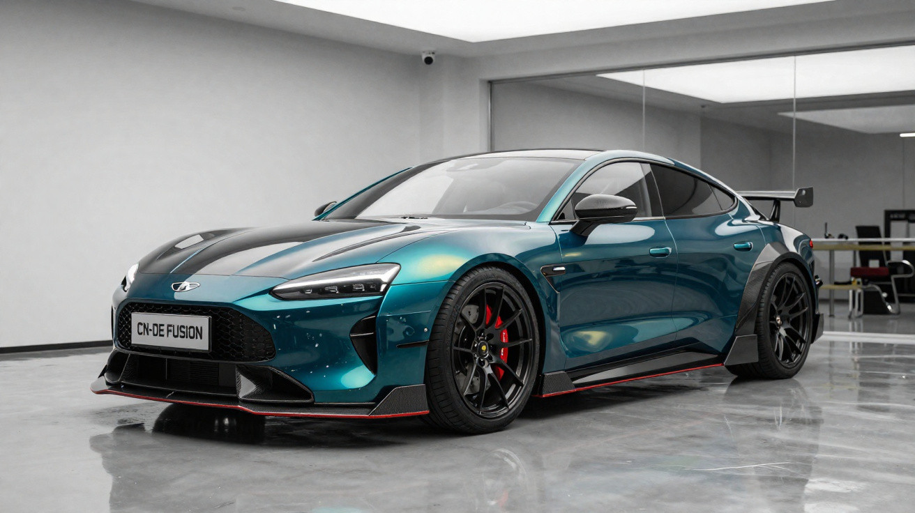 Carro esportivo azul metálico com rodas pretas e detalhes vermelhos em garagem moderna e minimalista.