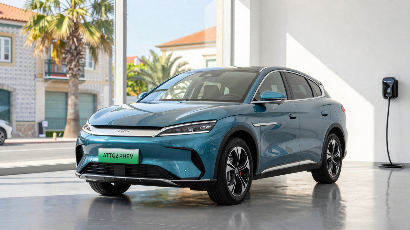 Carro elétrico azul BYD ATTO 2 PHEV em exibição, conectado a carregador na parede branca.