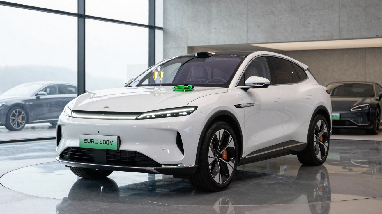 Carro elétrico branco em showroom moderno com taças de champanhe e máscara sobre o capô.