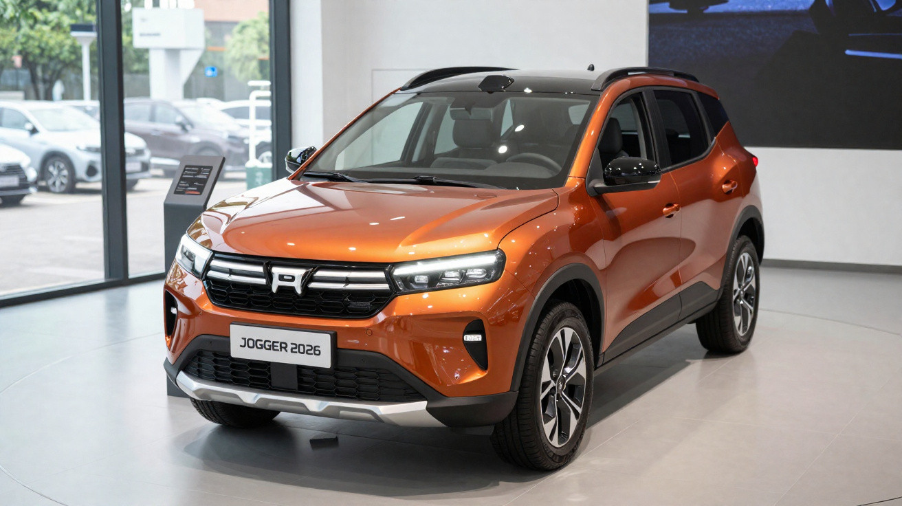 Carro SUV laranja modelo Jogger 2026 exibido em showroom moderno com piso claro.