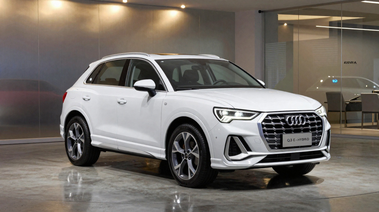 Audi Q3 e-tron branco estacionado em ambiente interno com iluminação suave.