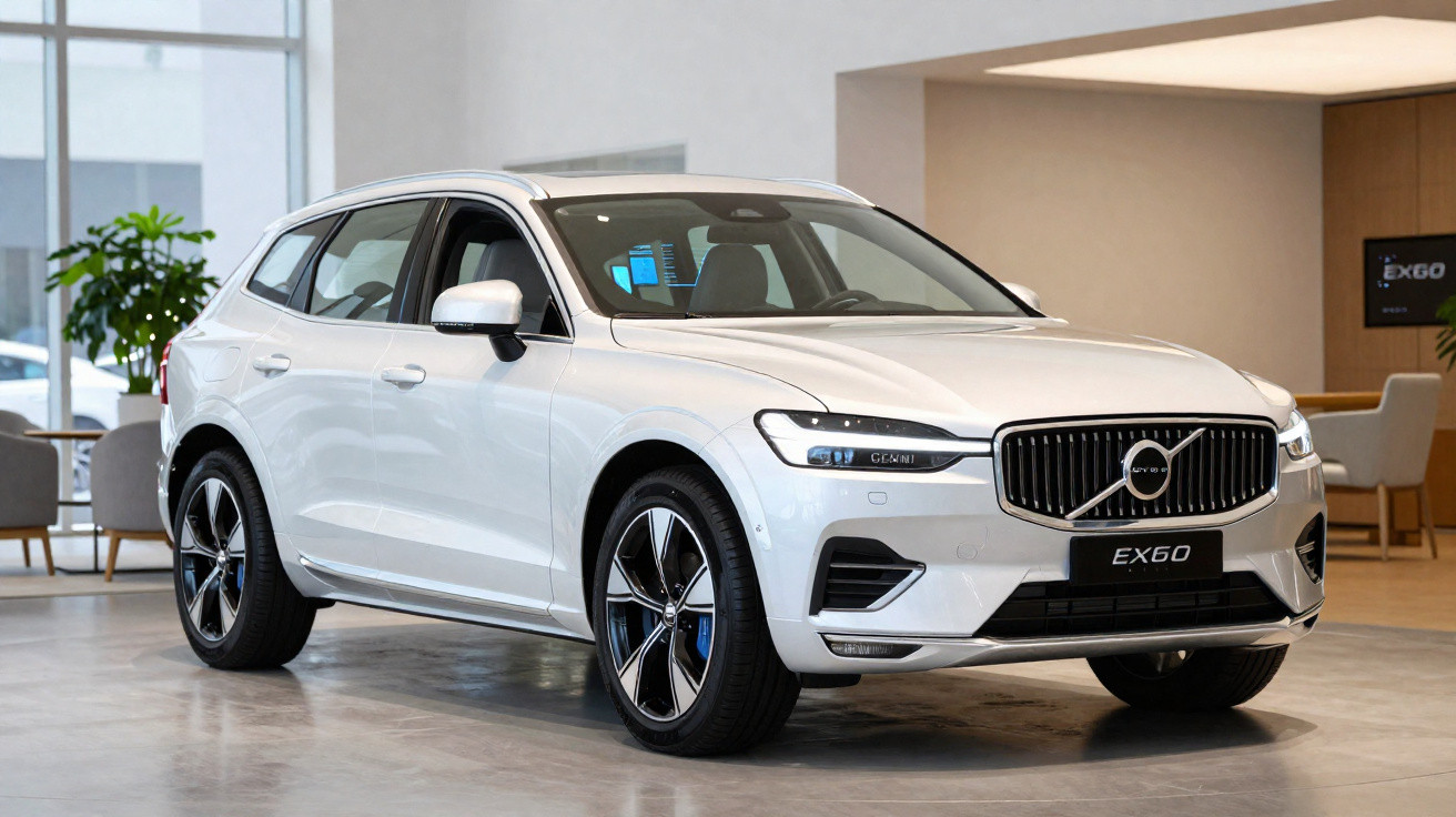 Carro SUV branco Volvo EX60 exibido em ambiente interno moderno, com rodas esportivas e faróis acesos.