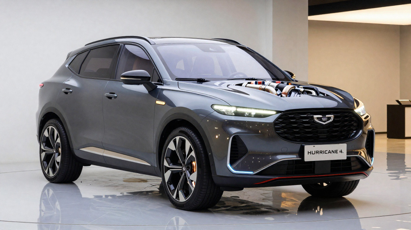 SUV cinza Geely Hurricane 4 em ambiente interno, com destaque para motor aparente no capô.