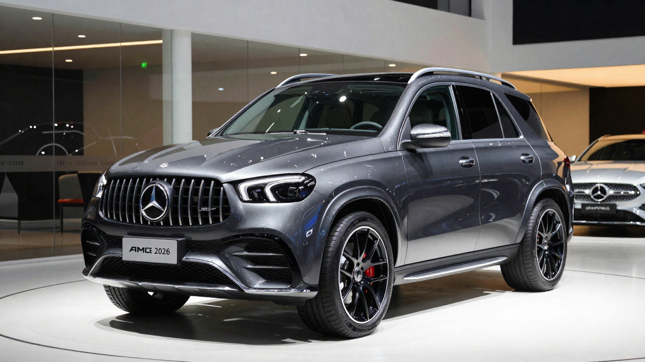 SUV Mercedes-Benz AMG 2026 cinza exibido em plataforma branca em salão de automóveis.