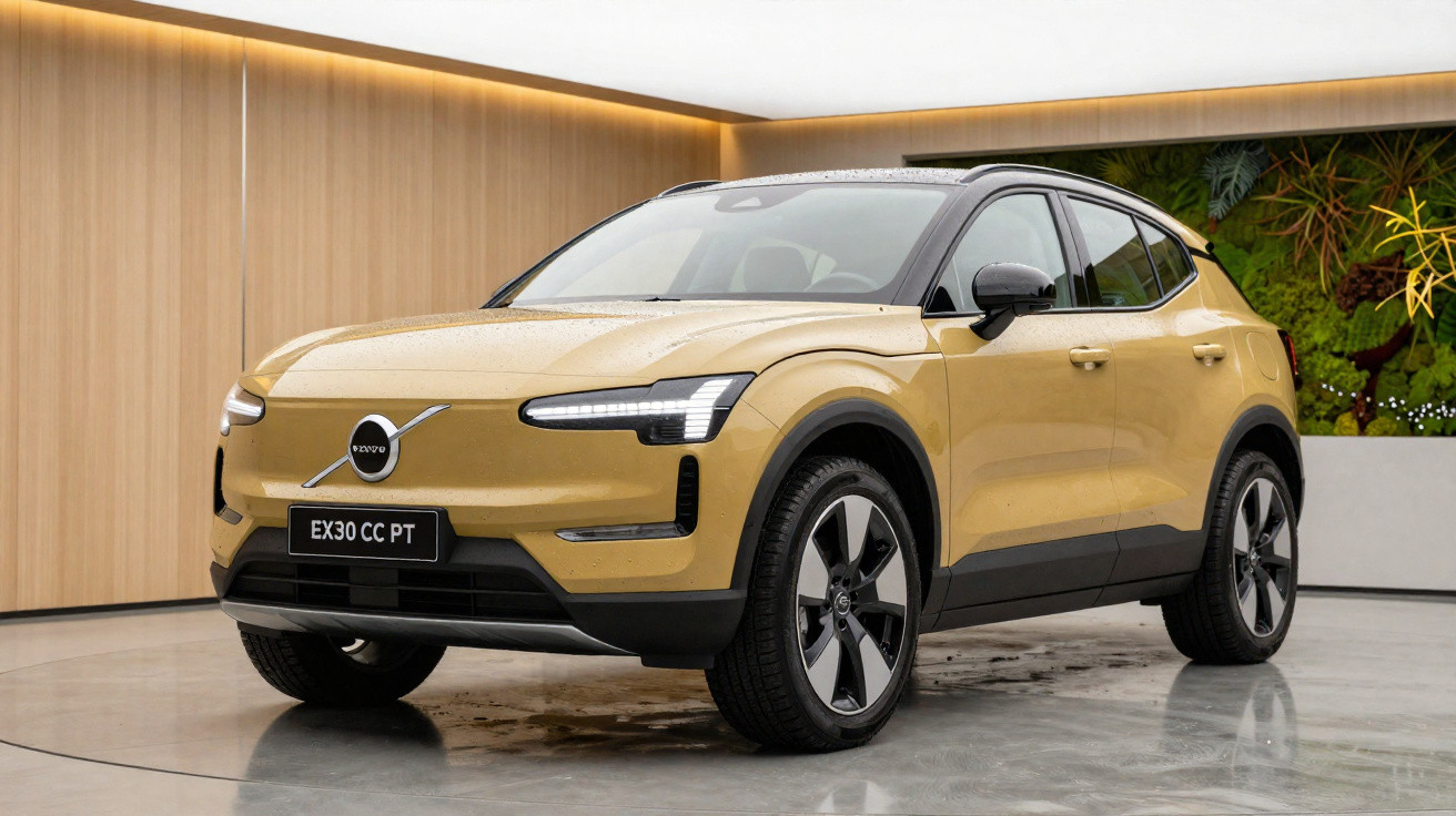 Carro Volvo EX30 CC PT dourado em ambiente interno moderno com parede de madeira e plantas.