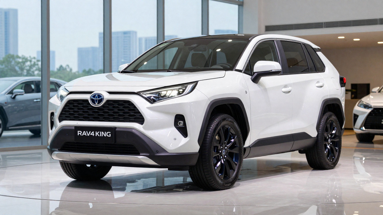 Toyota RAV4 King branco exibido em showroom com piso brilhante e janelas amplas ao fundo.