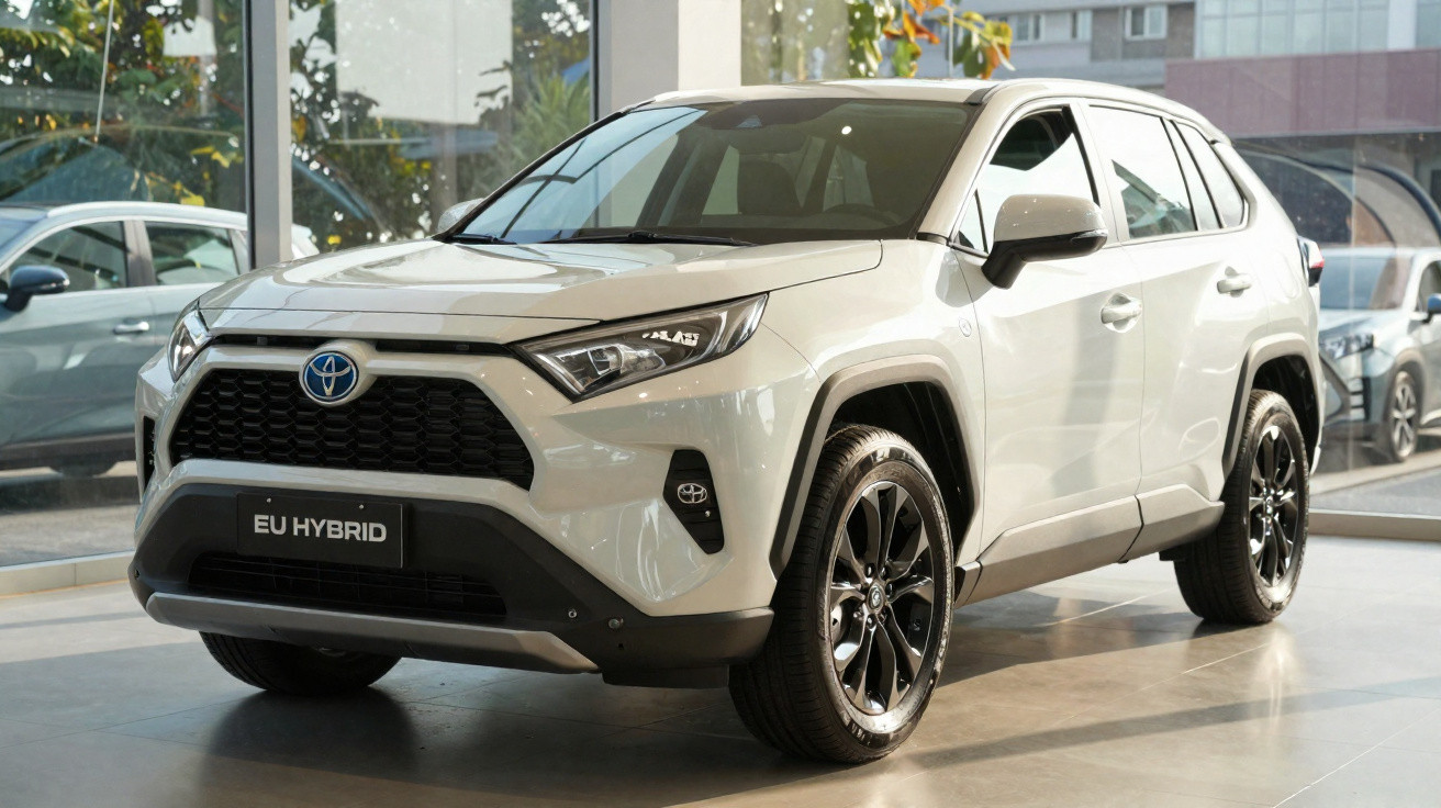 SUV branco Toyota RAV4 híbrido exibido em concessionária com rodas pretas brilhantes.