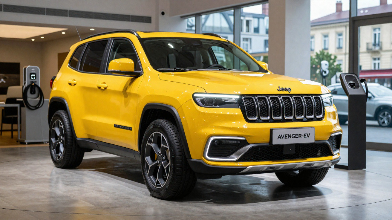 SUV elétrico Jeep Avenger EV amarelo exposto em showroom moderno com pontos de carregamento ao fundo.