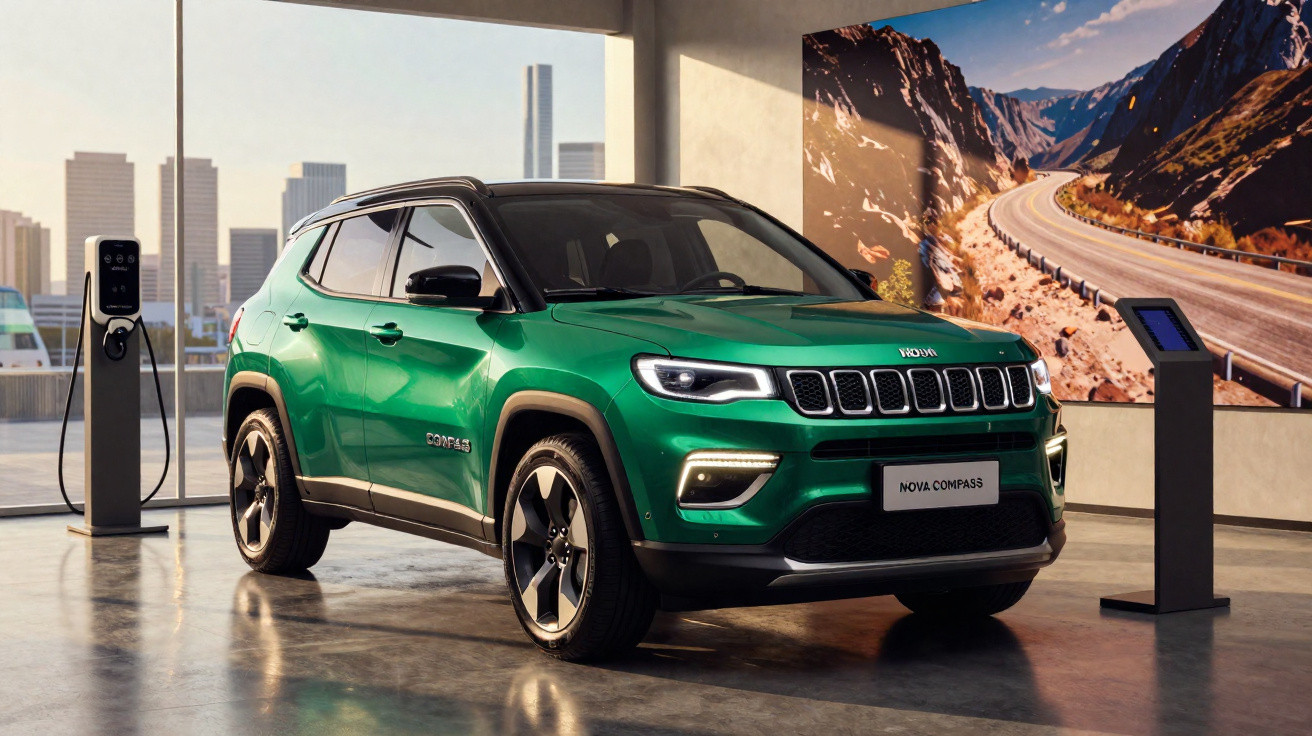 Carro SUV verde Jeep Compass híbrido plug-in estacionado ao lado de estação de recarga em showroom.