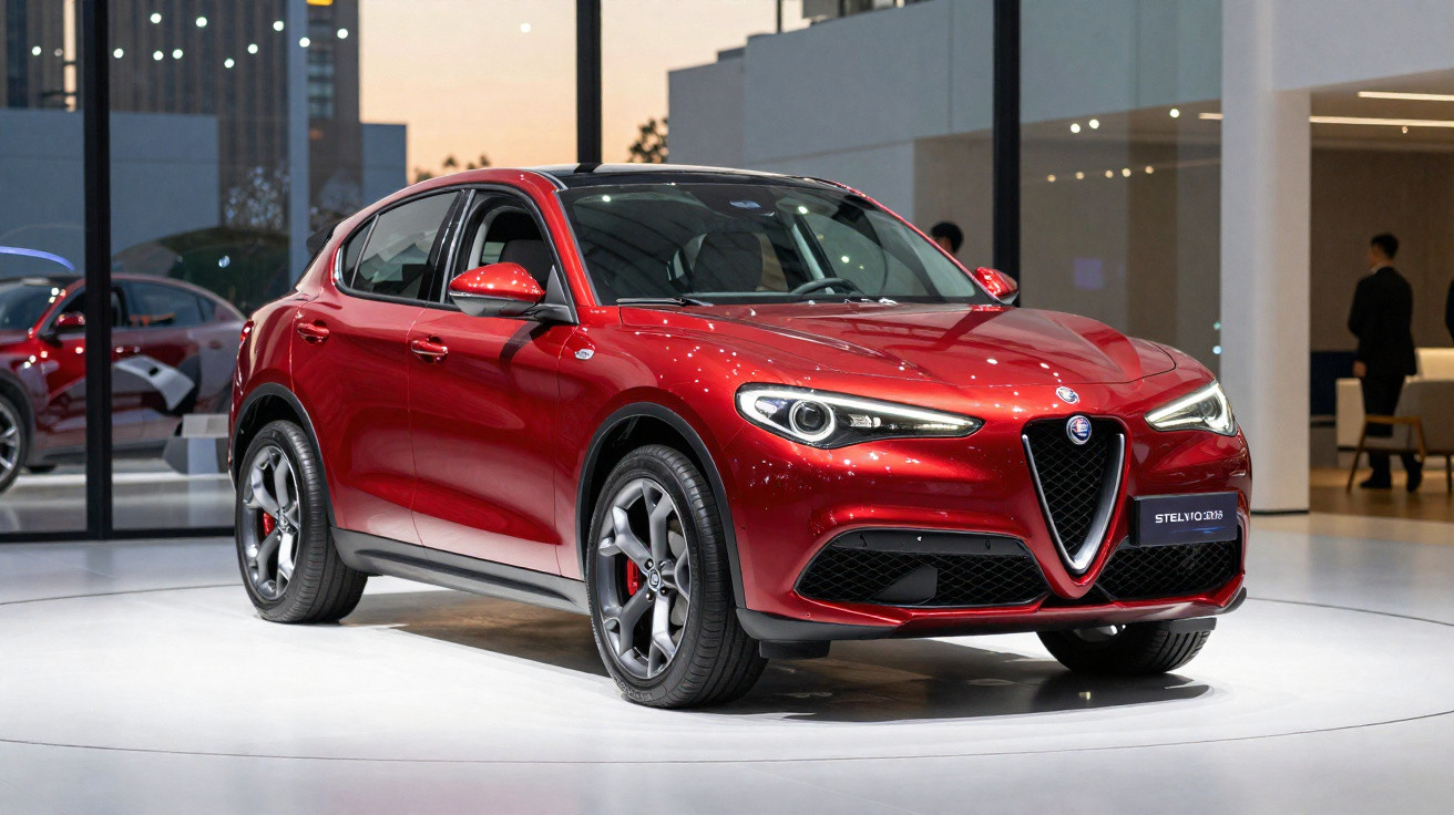 Carro SUV Alfa Romeo Stelvio vermelho exibido em salão automotivo com iluminação interna.