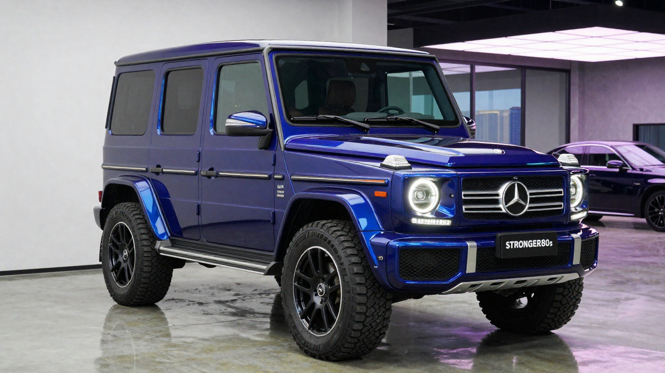 SUV Mercedes-Benz G-Class azul estacionado em garagem moderna com piso refletivo.