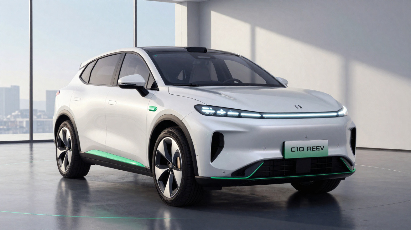 Carro elétrico branco modelo C10 REEV em ambiente interno com luz natural entrando pelas janelas.