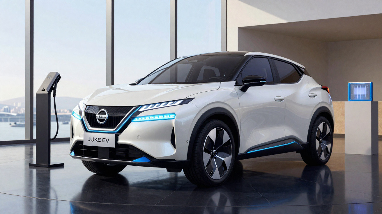 Carro elétrico Nissan Juke EV branco, moderno, estacionado em ambiente interno com estação de recarga ao lado.