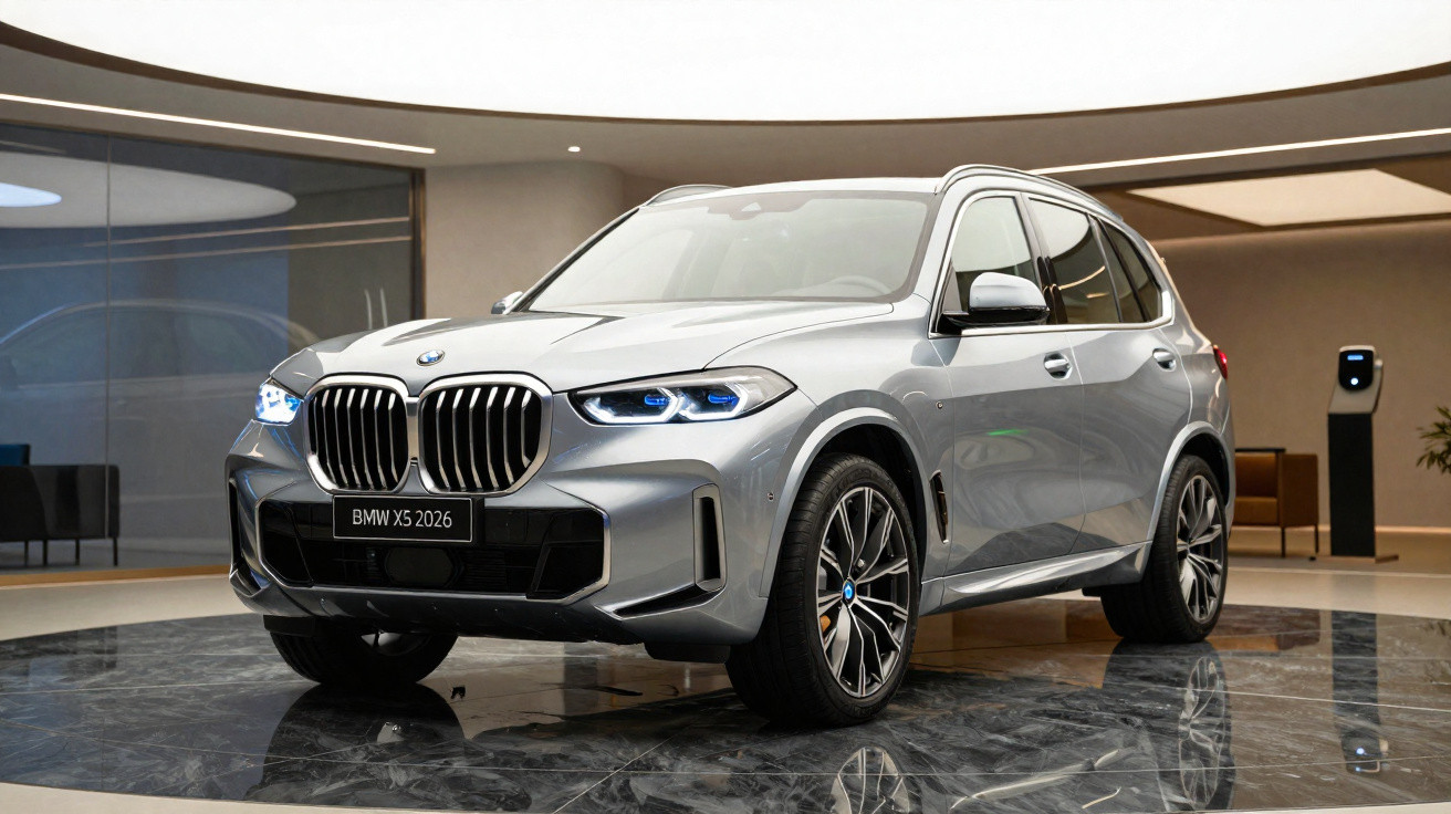 SUV BMW X5 2026 cinza prata em showroom moderno com piso de mármore e iluminação elegante.