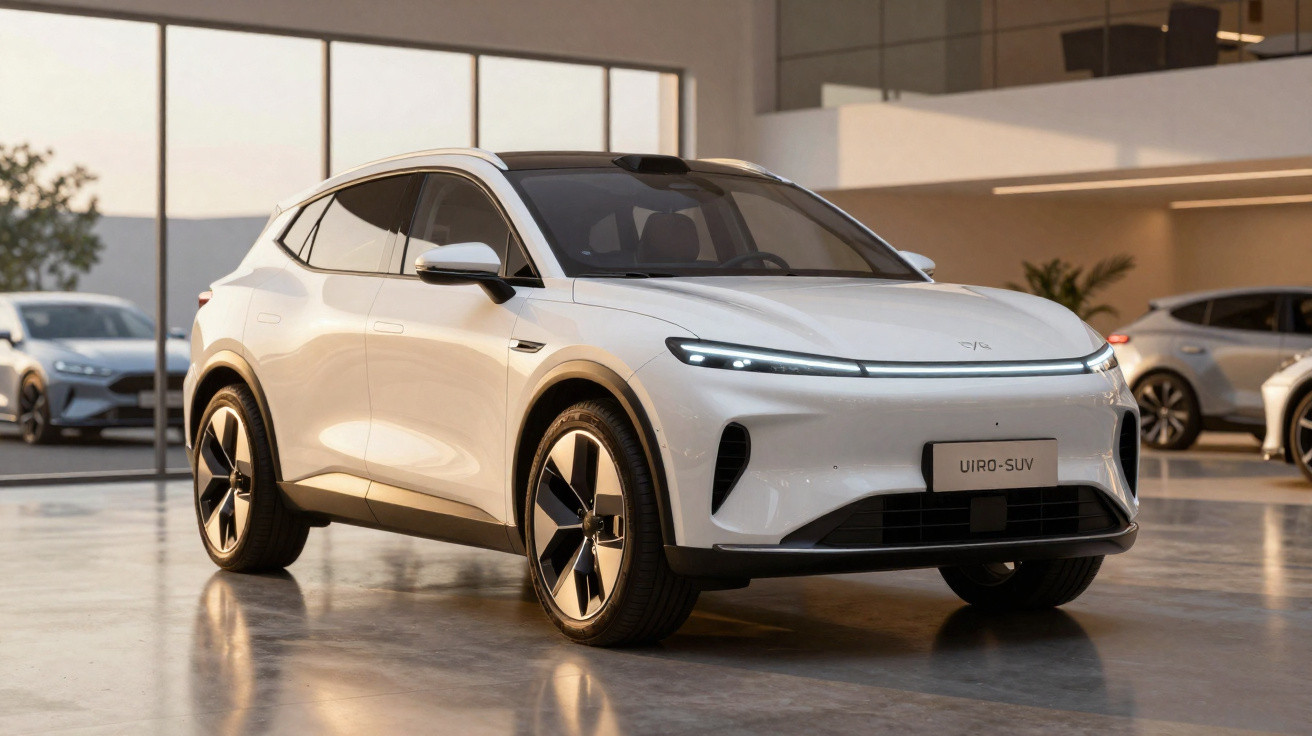 SUV branco elétrico Uiro em ambiente interno iluminado, com design moderno e linhas aerodinâmicas.