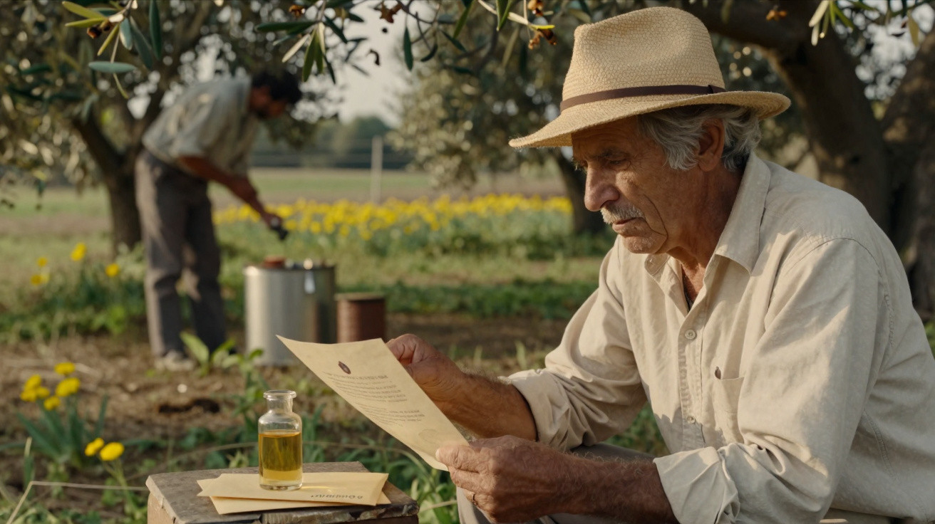 Homem idoso com chapéu lendo documento ao ar livre, com jarra de óleo e pessoa ao fundo no campo.