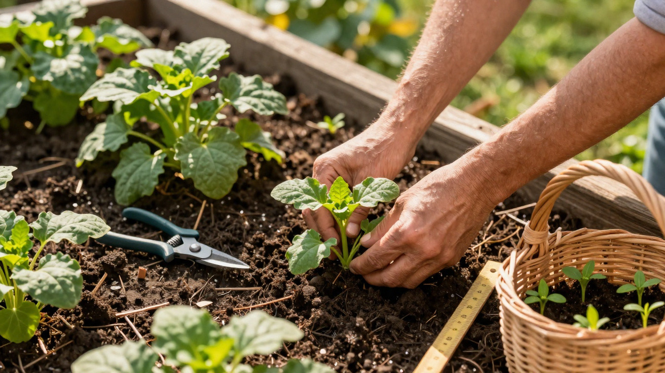 Mãos plantando mudas verdes em canteiro de jardim com tesoura, régua e cesta ao lado.