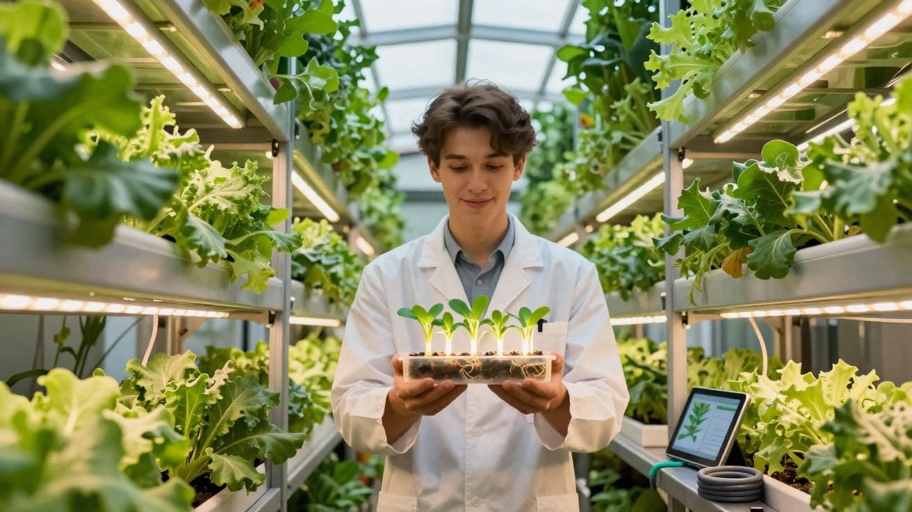 Jovem cientista em estufa segurando bandeja com mudas verdes e cercado por plantas hidropônicas.