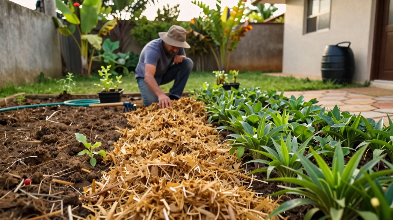 Homem cuidando de jardim em casa, preparando a terra com cobertura de palha para plantas jovens.