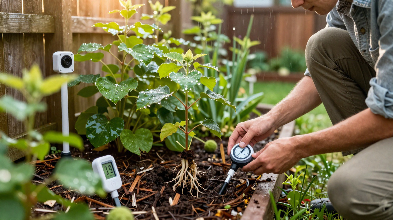 Pessoa medindo a umidade do solo em um canteiro de plantas com dispositivos digitais em um jardim.