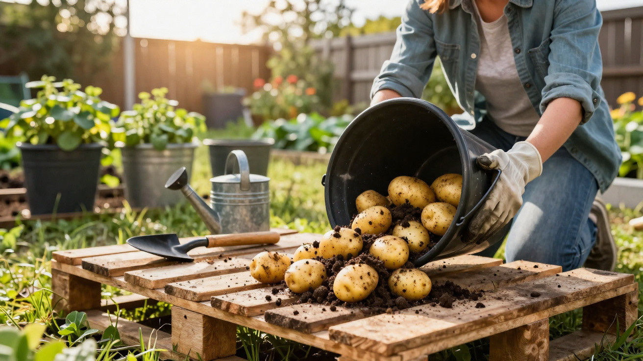 Pessoa colocando batatas recém-colhidas com terra em um balde sobre uma mesa de madeira no jardim.