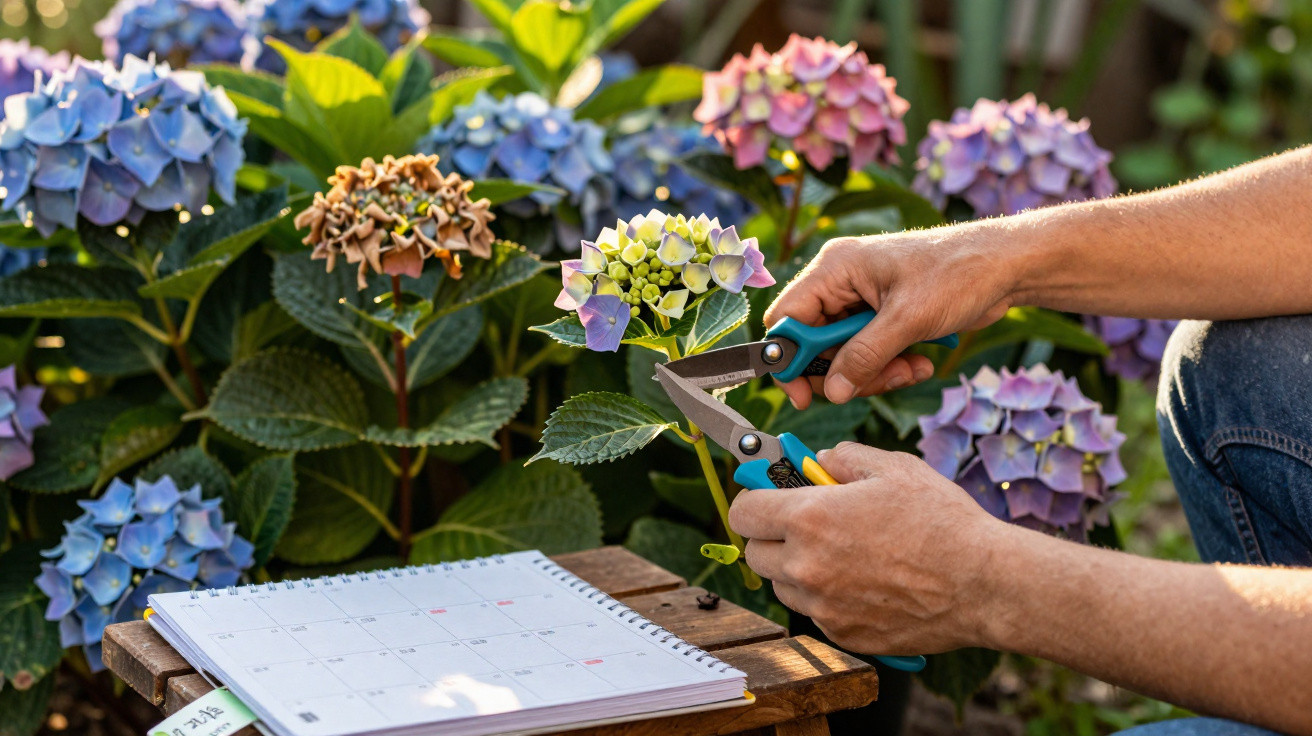 Pessoa podando flores de hortênsia ao lado de calendário sobre mesa de madeira no jardim.