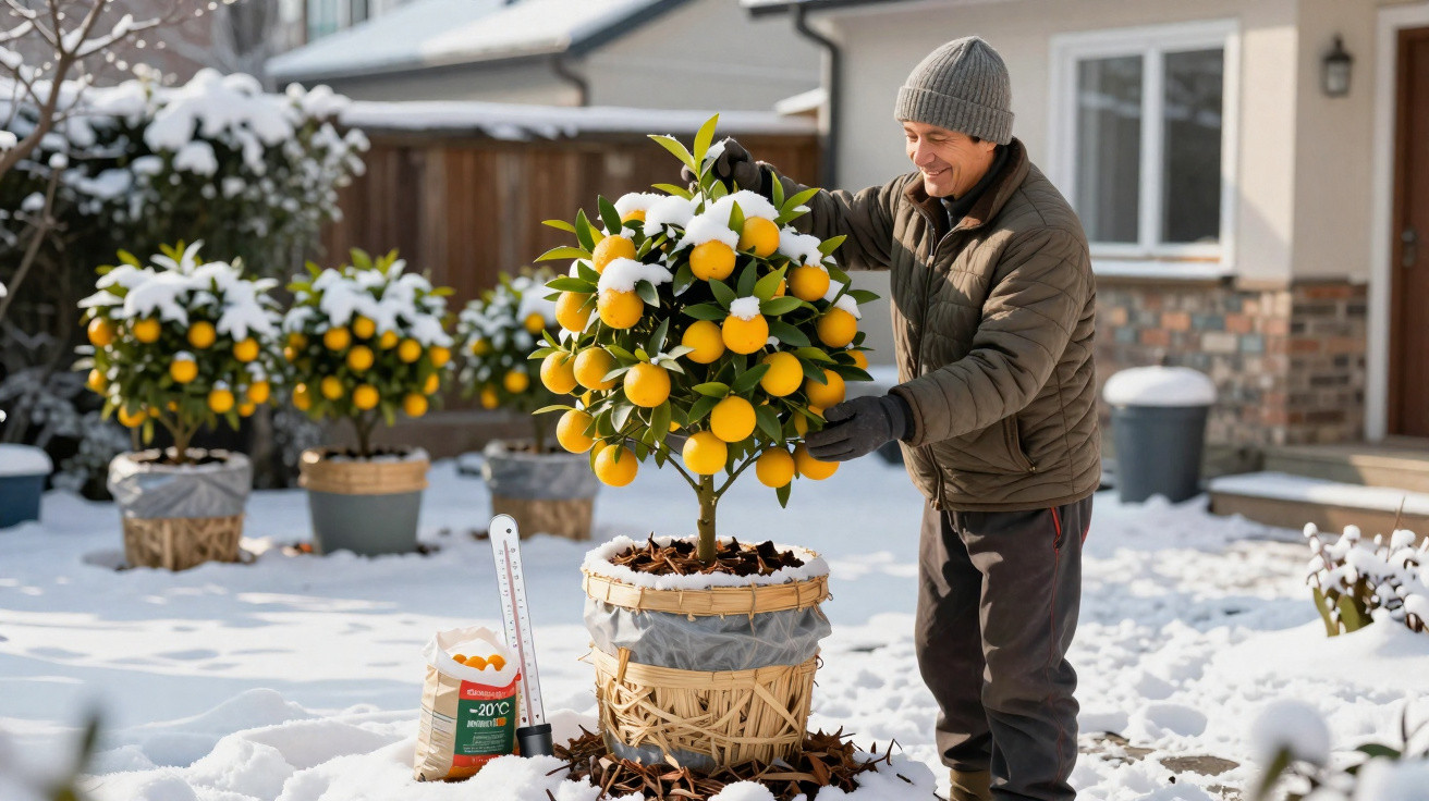 Homem cuidando de um laranjal em vaso coberto de neve em um jardim residencial durante o inverno.