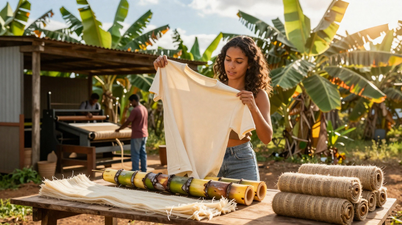 Mulher segurando camiseta bege ao ar livre com folhas de bananeira e rolos de tecido na mesa.