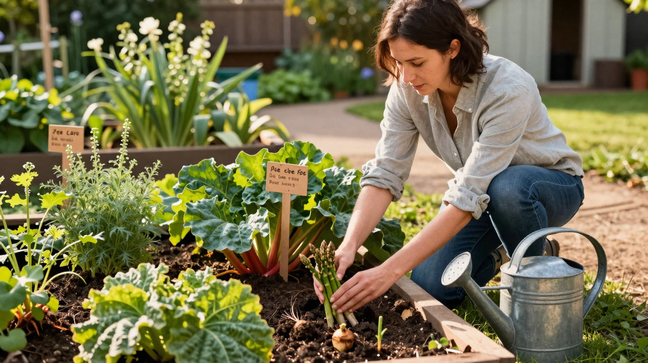 Mulher cuidando de plantações em canteiro de jardim com regador metálico ao lado.