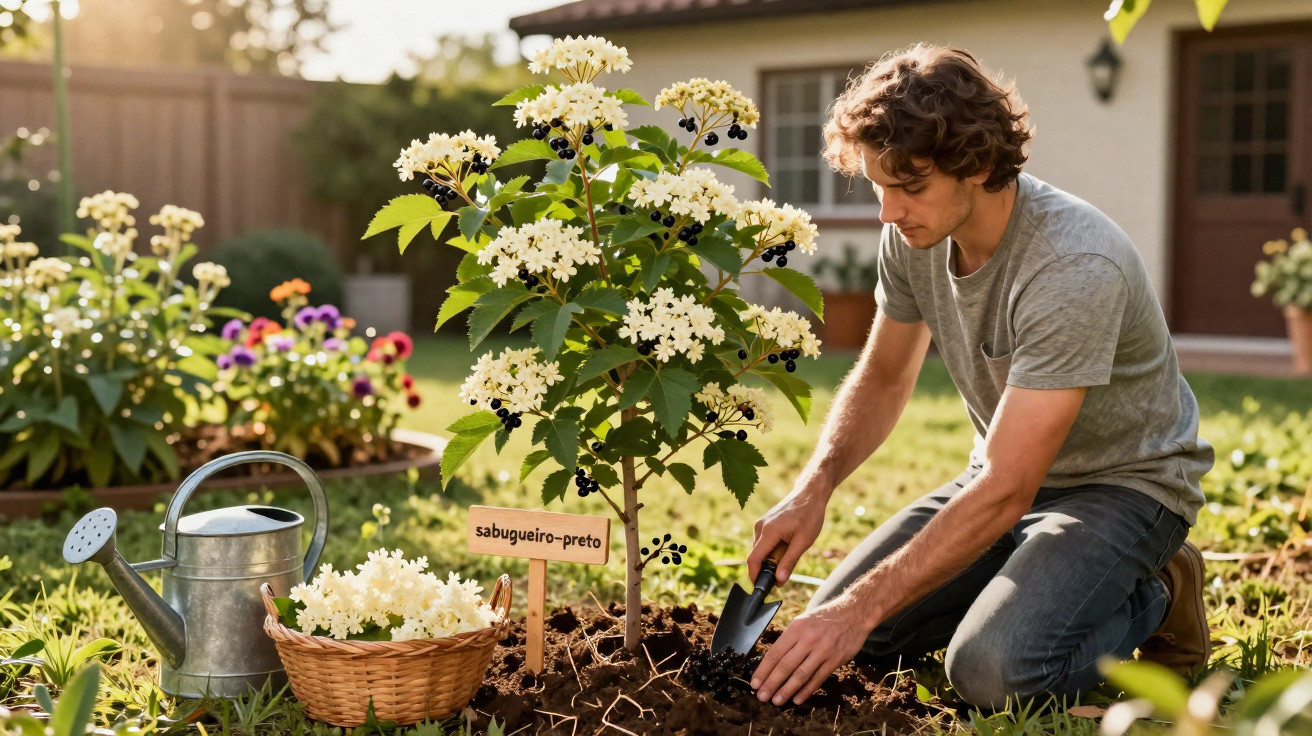 Homem planta sabugueiro-preto no jardim durante o dia, com regador e cesta de flores ao lado.