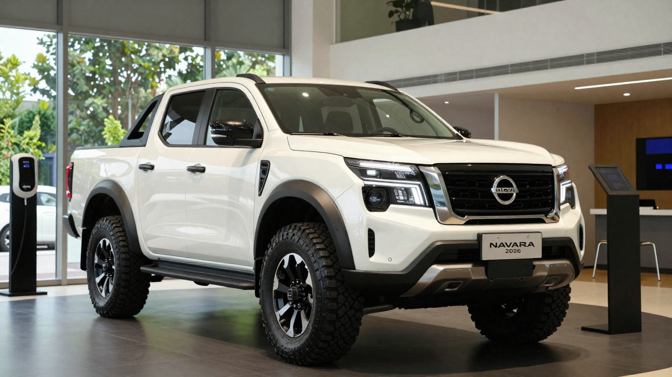 Picape Nissan Navara 2024 branca exibida em showroom moderno com vidros grandes ao fundo.