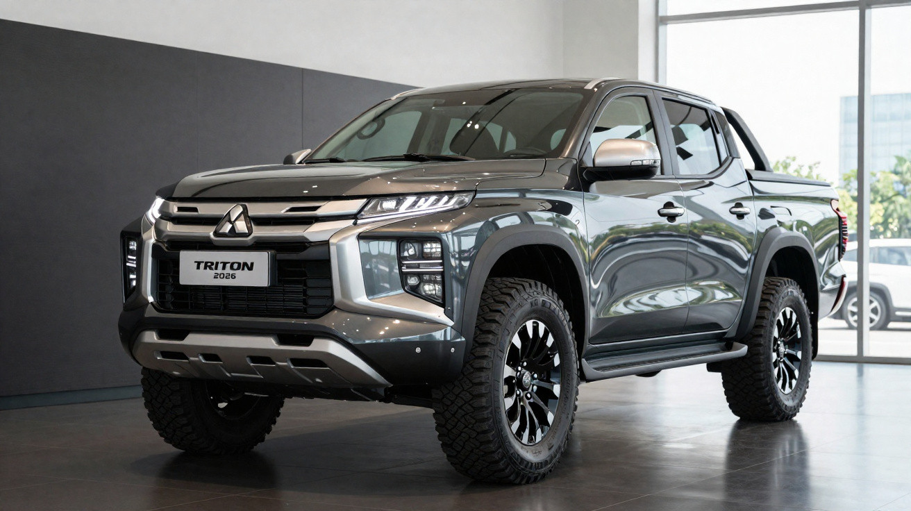 Picape Mitsubishi Triton 2026 cinza em ambiente interno com iluminação natural e pneus robustos.