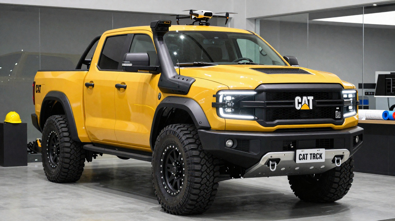 Picape amarela off-road com pneus grandes e drone instalado no teto, em ambiente interno moderno.